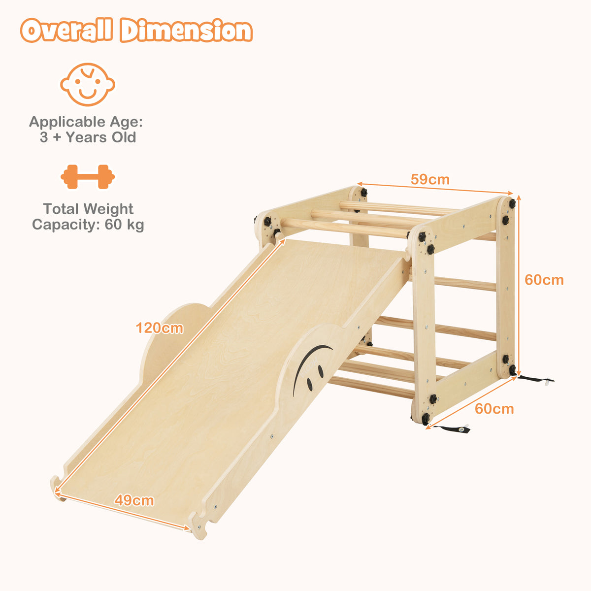 Wooden climbing frame with slide and ladder, showing dimensions and weight capacity