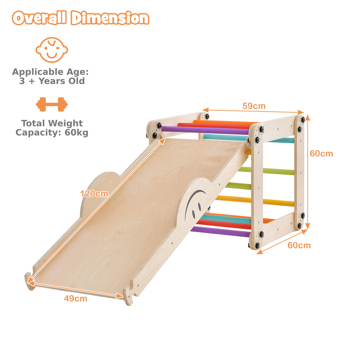 The climbing frame set with orange arrows and text showing the dimensions of the wooden structure