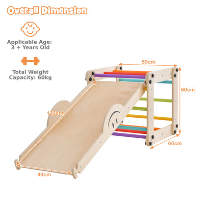 The climbing frame set with orange arrows and text showing the dimensions of the wooden structure