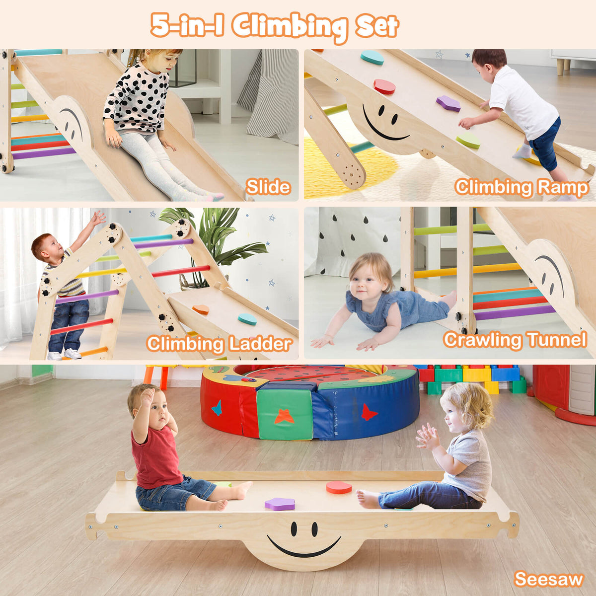 The climbing frame set showing five different ways to use the wooden pieces for active play