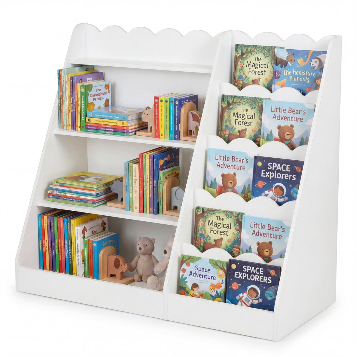 Close up of the white kids storage unit showing books on shelves