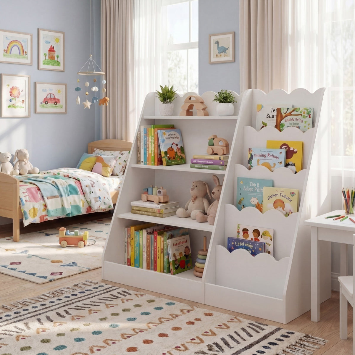The white kids bookshelf with books and toys in a child's bedroom