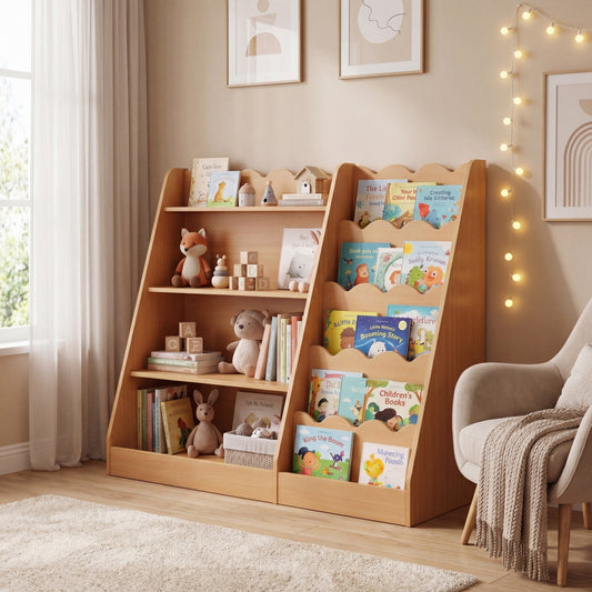 The kids storage unit filled with books and toys in a nursery setting