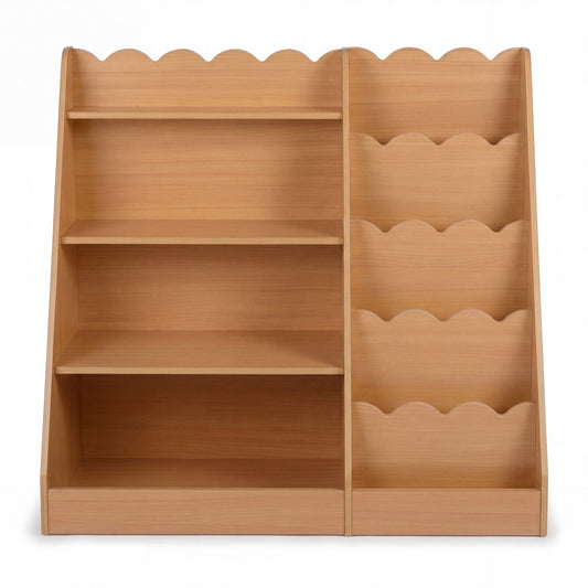 Montessori Kids Bookshelf with 5-tier scalloped shelves in natural wood finish