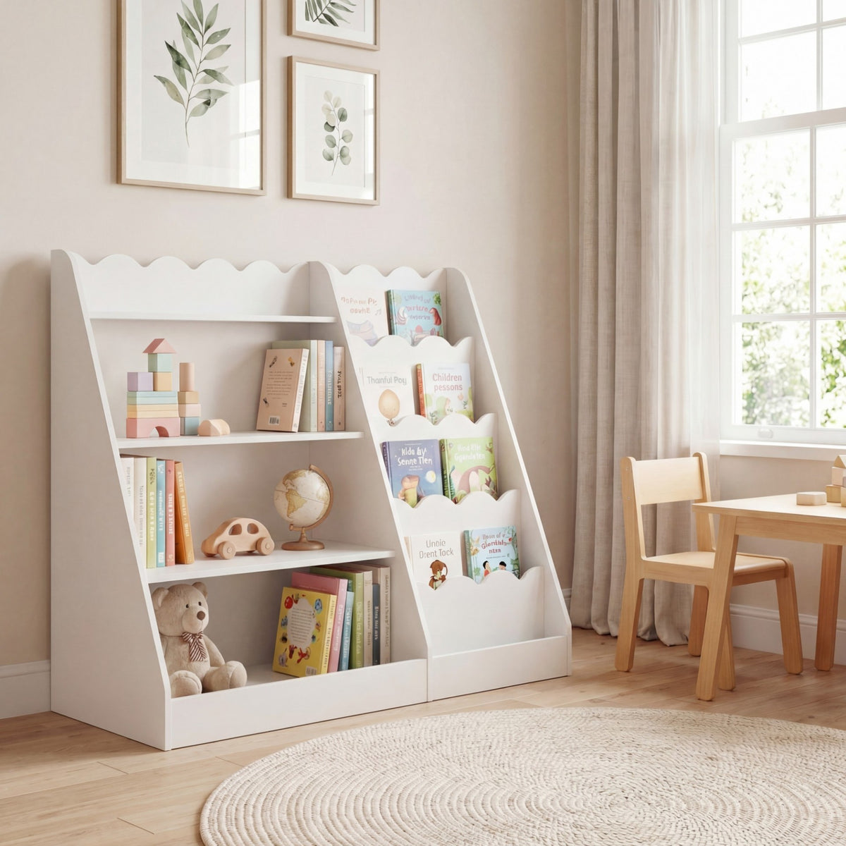White kids storage unit in a room with a table and chair