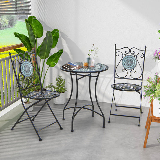 The patio table is set on a balcony with two chairs and plants