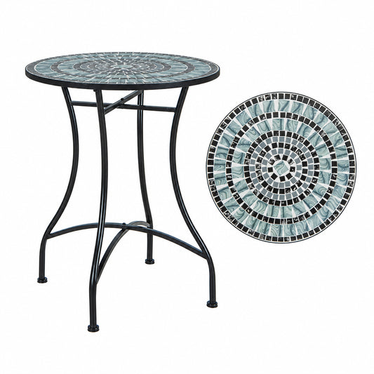 A round mosaic outdoor bistro table with a black metal frame and a light blue, gray, and black patterned tile top, shown alongside a close-up inset of the circular mosaic design.