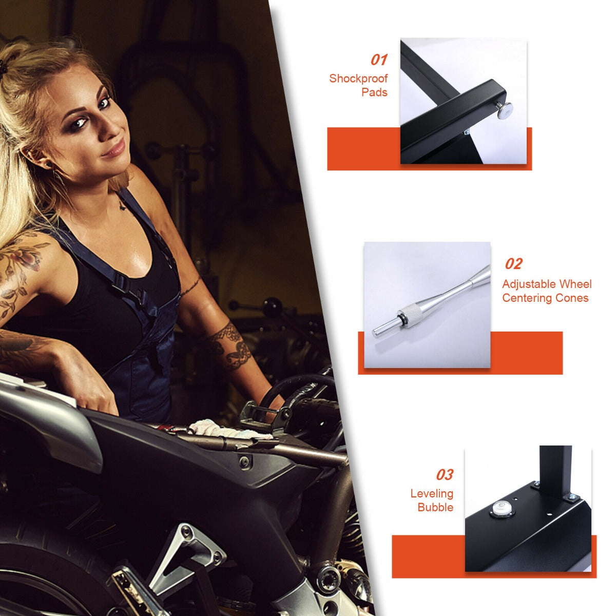 Close up of the motorcycle wheel balancer with adjustable centering cones showing shockproof pads and leveling bubble