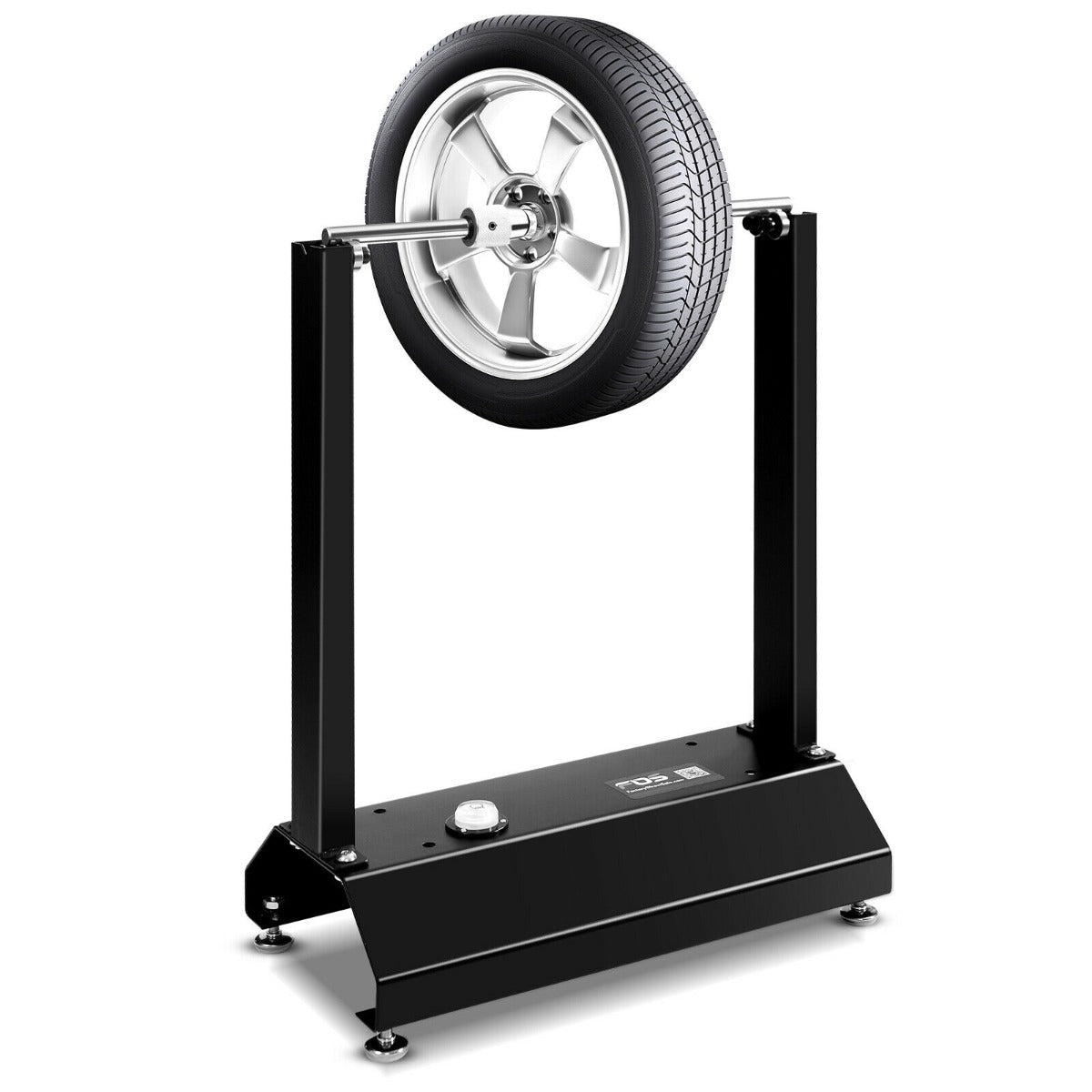 Motorcycle Wheel Balancer with Adjustable Centering Cones showing the whole unit with a motorcycle wheel mounted