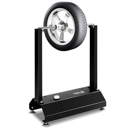 Motorcycle Wheel Balancer with Adjustable Centering Cones showing the whole unit with a motorcycle wheel mounted