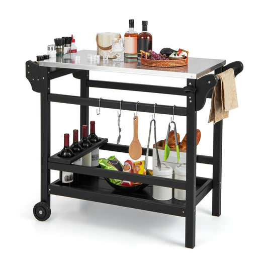 Movable Outdoor Dining Cart HDPE Pizza Oven Stand Table in black with a stainless steel top, shelves, and hooks