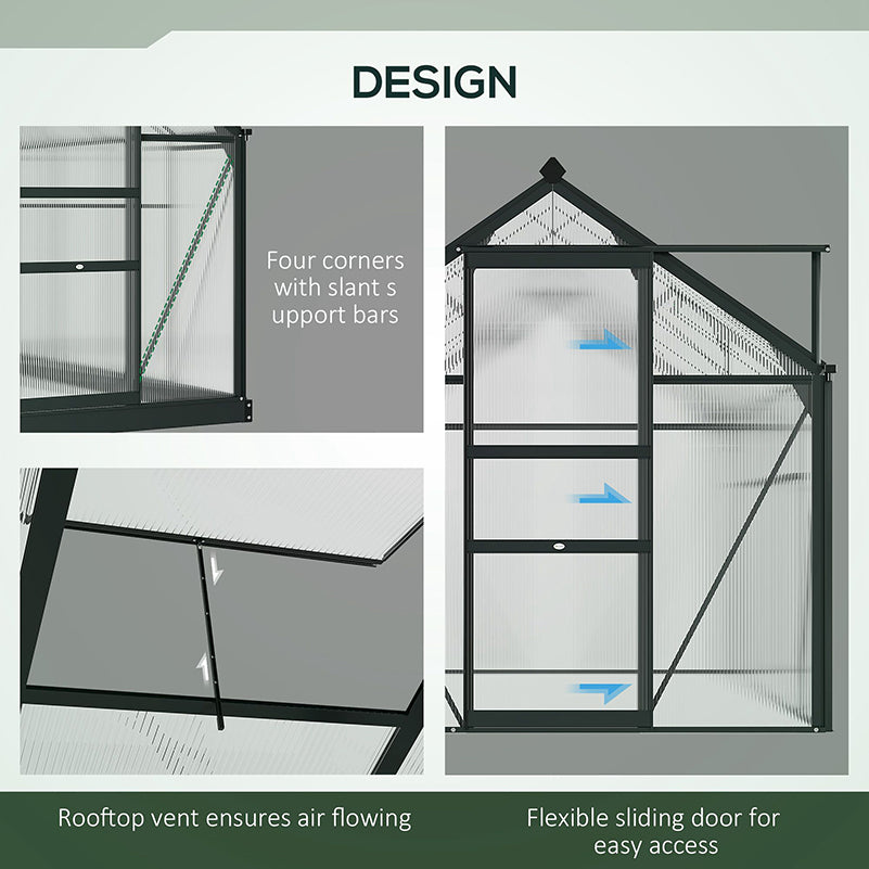 Outsunny دفيئة بولي كربونات 6 × 6 قدم، دفيئة كبيرة بباب منزلق ونافذة، منزل زراعة نباتات الحديقة بإطار من الألومنيوم وأساس، رمادي