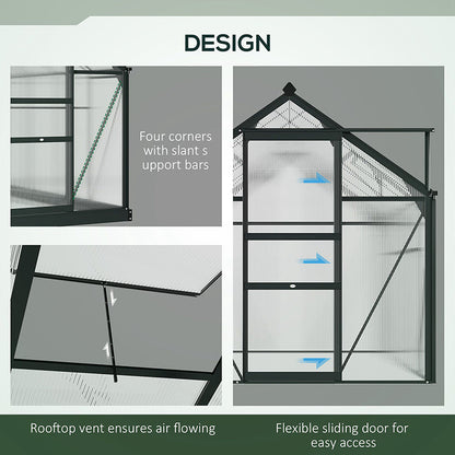 Outsunny دفيئة بولي كربونات 6 × 6 قدم، دفيئة كبيرة بباب منزلق ونافذة، منزل زراعة نباتات الحديقة بإطار من الألومنيوم وأساس، رمادي