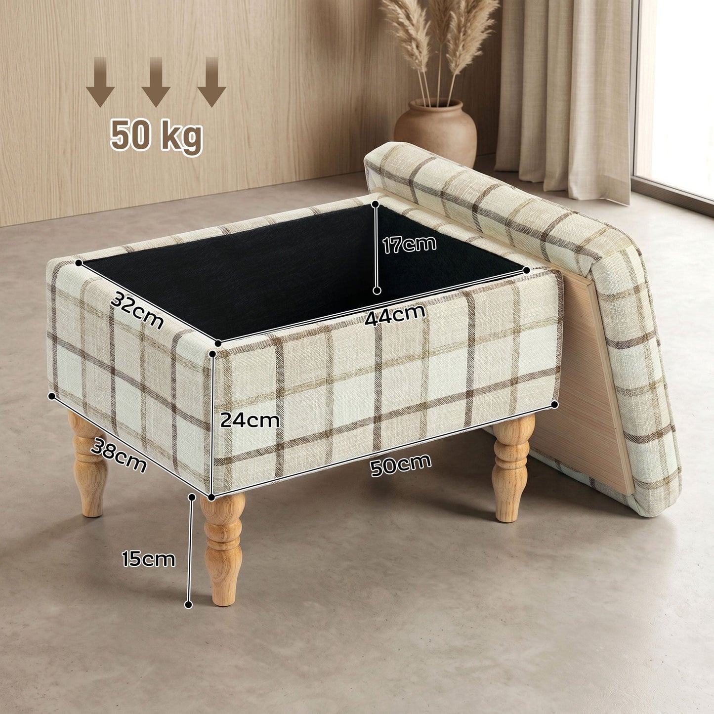 HOMCOM Linen Fabric Upholstered Footstool, Rectangular Storage Stool with Removable Top, Padded Seat and Hidden Space, Brown