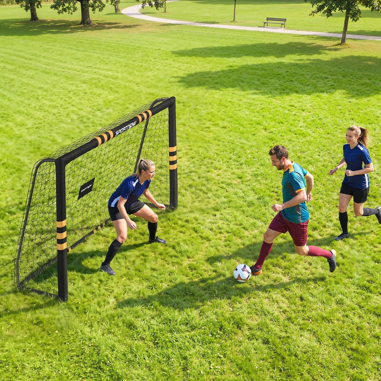 SPORTNOW Football Goal, 8 x 5ft Portable Football Net with EPE Foam Padding, PVC Tube Covers Ground Stakes and Metal Frame