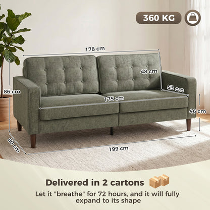 HOMCOM 3 Seater Sofa Button Tufted Upholstered Couch with Wood Legs for Living Room, Green