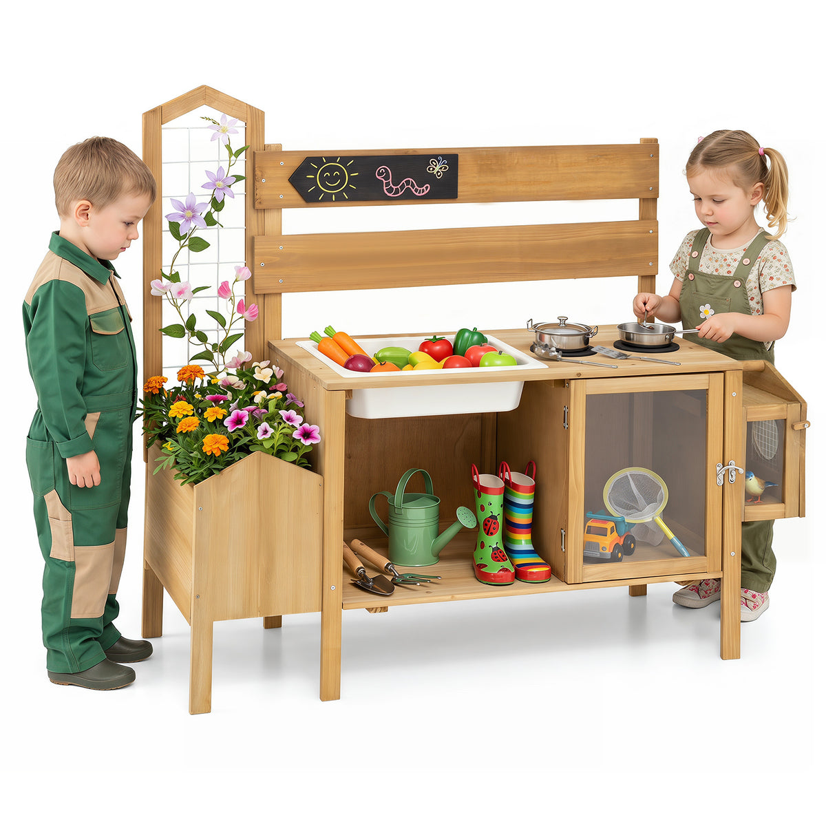 Two children interacting with the natural wood mud kitchen set in a garden setting