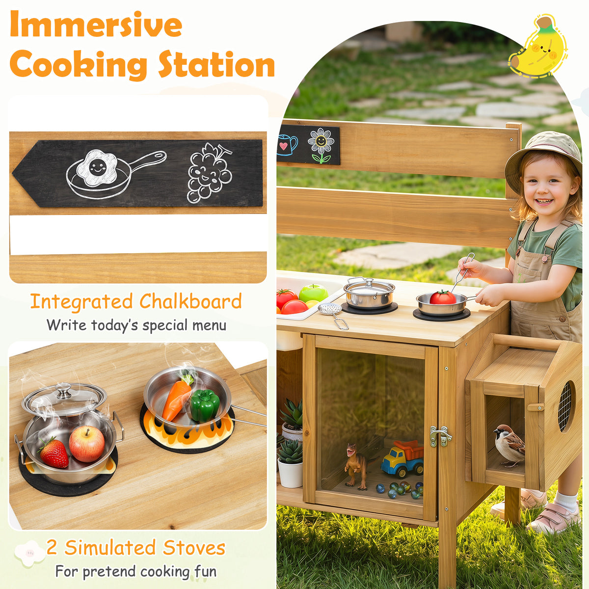 Close up of the play kitchen with simulated stoves and integrated chalkboard for pretend cooking fun