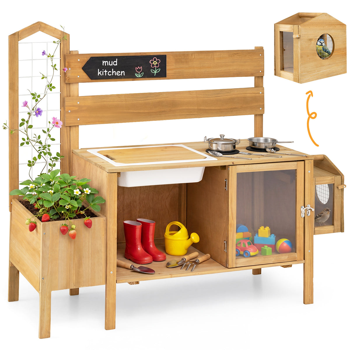Mud Kitchen for Kids with Detachable Bird Cage and Planter Box for Toddlers Aged 3+ Natrual