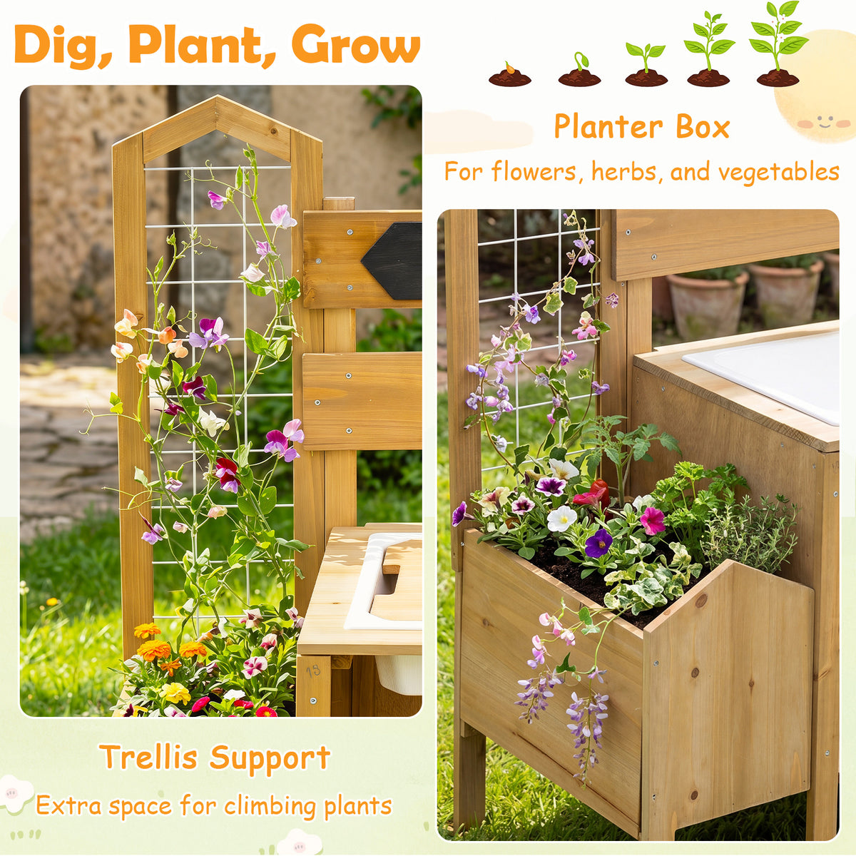 The planter box and trellis support of the wooden mud kitchen, designed for climbing plants