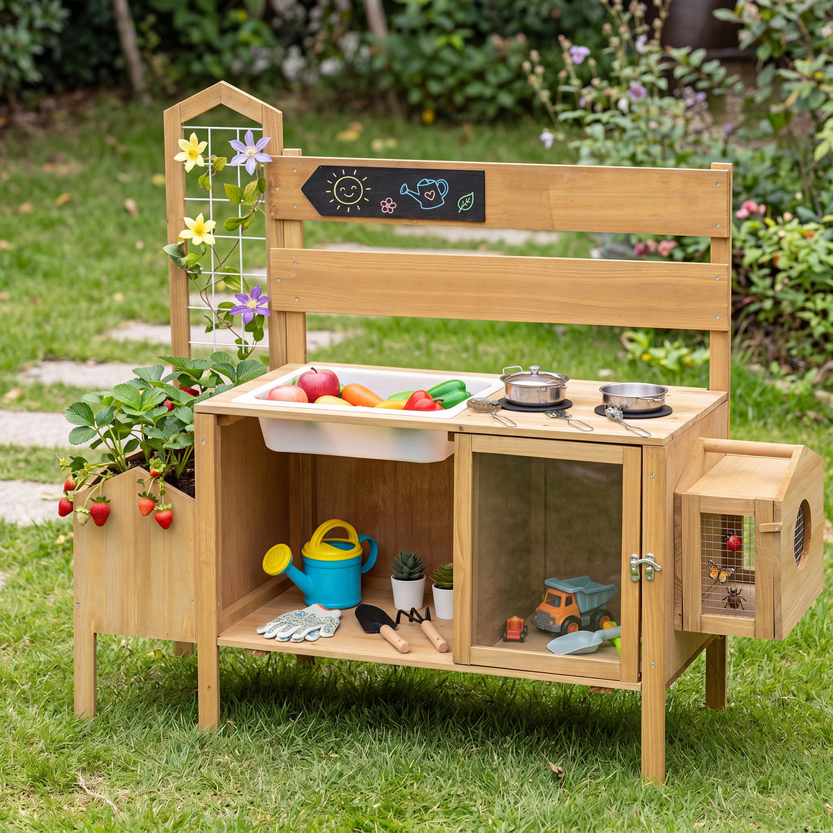 Wooden play kitchen set with sink, stove, and storage, featuring a planter box and bird cage