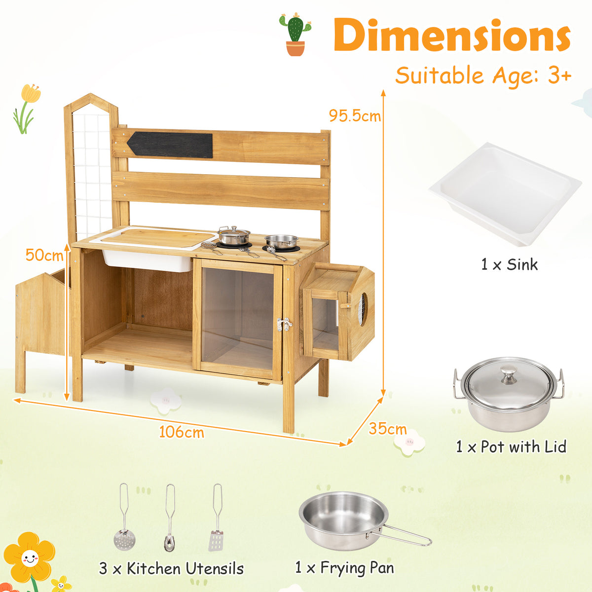 Dimensions of the play kitchen set showing height, width, and depth with included accessories