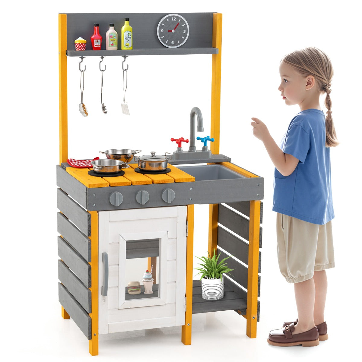 Mud Kitchen for Kids with stoves, removable sink and faucet in grey