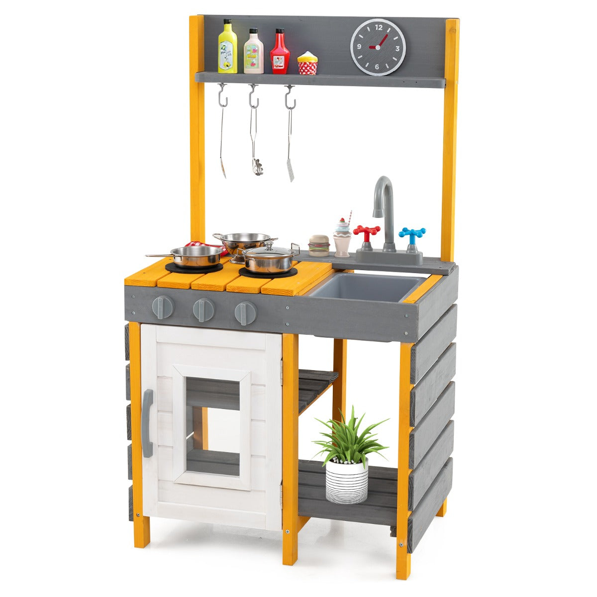 Grey mud kitchen with yellow accents, featuring a sink and stove