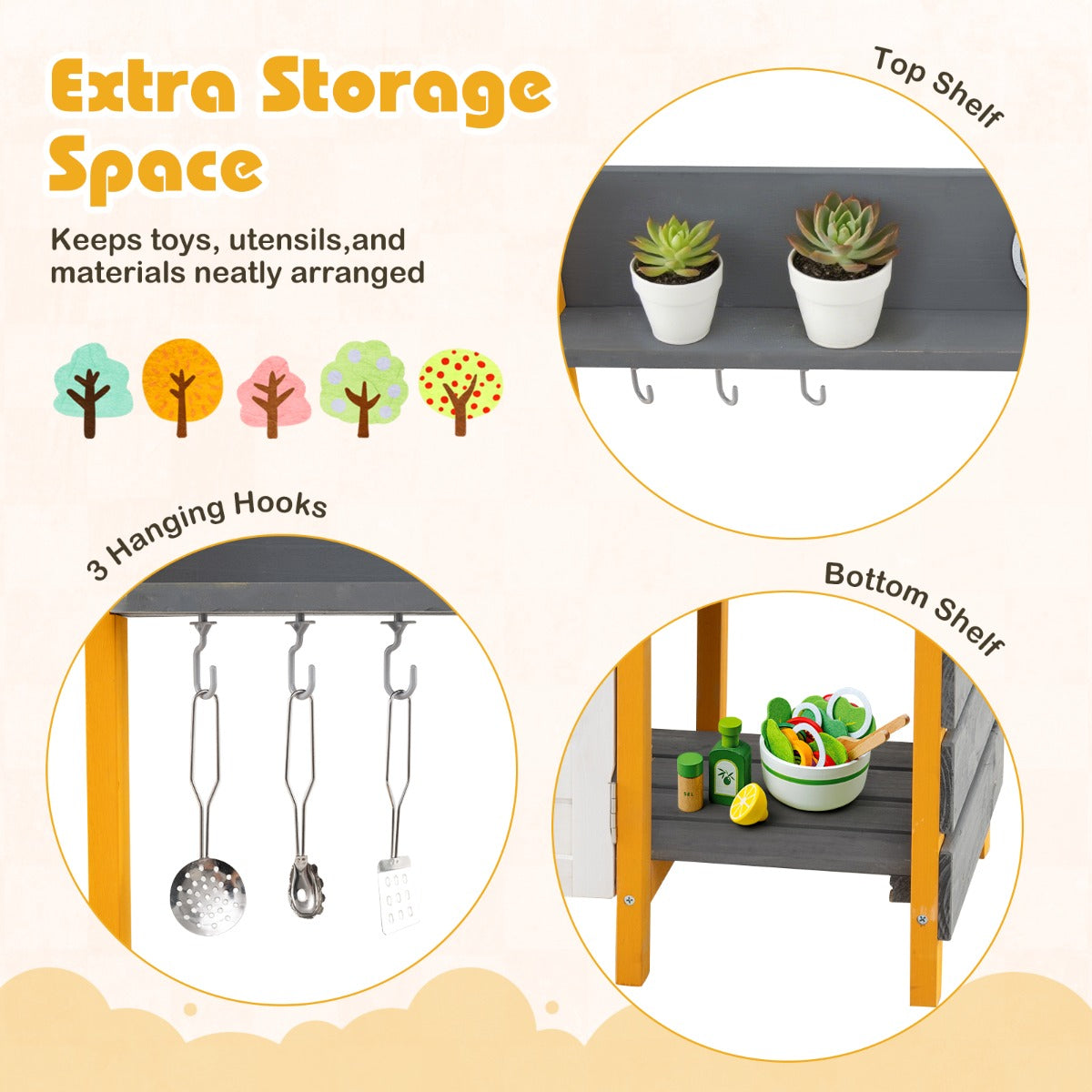 Storage features of the grey mud kitchen including hooks and shelves