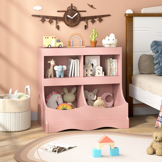 Pink toy storage cabinet in a child's bedroom, filled with toys and books