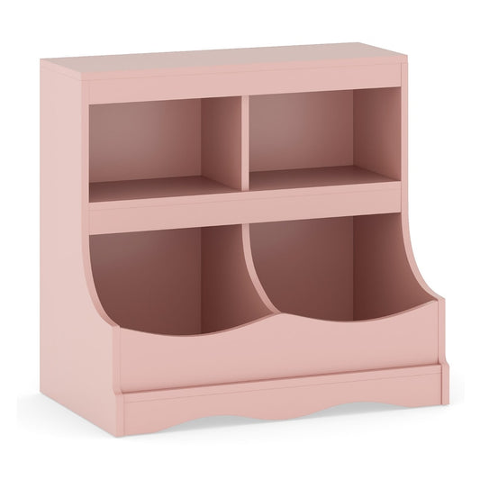 Multi-Bin Toy Storage Cabinet for Children's Room and Playroom in pink, a two-tier unit with open shelves and cubbies