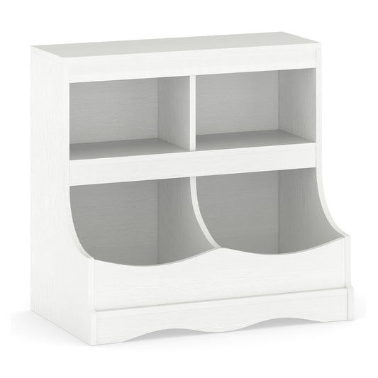 Multi-Bin Toy Storage Cabinet for Children's Room and Playroom, a white unit with four open shelves
