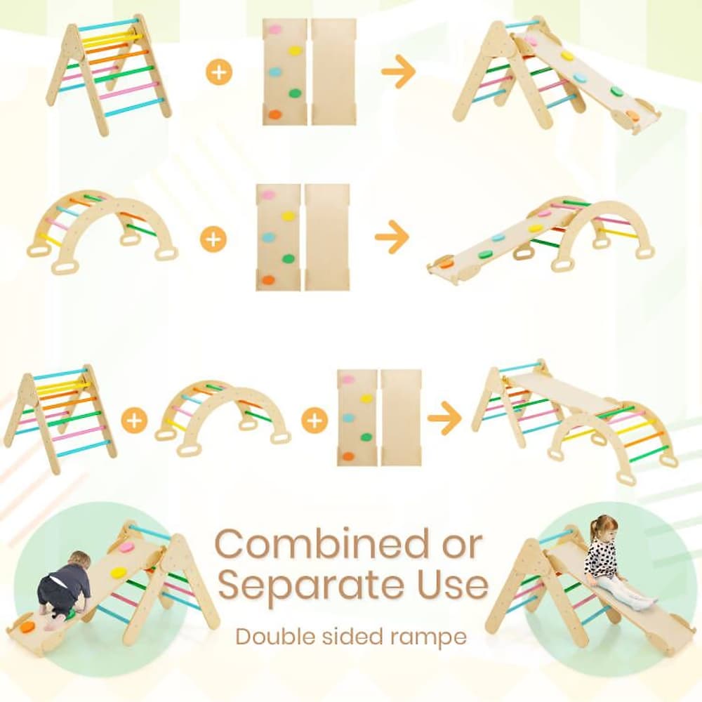 Various configurations of the wooden climbing toy, showing combined and separate use