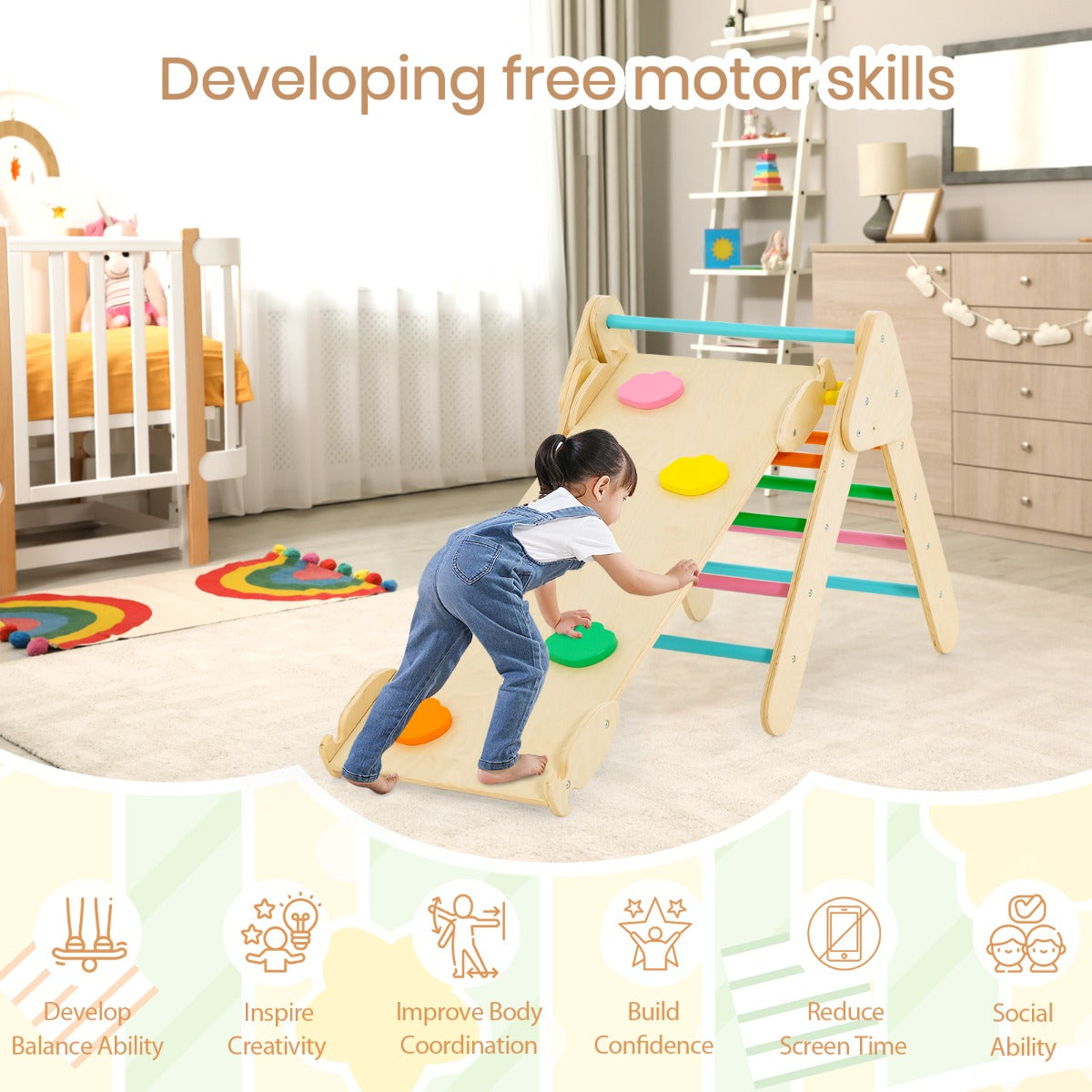 Child using the wooden climbing frame to develop motor skills and confidence