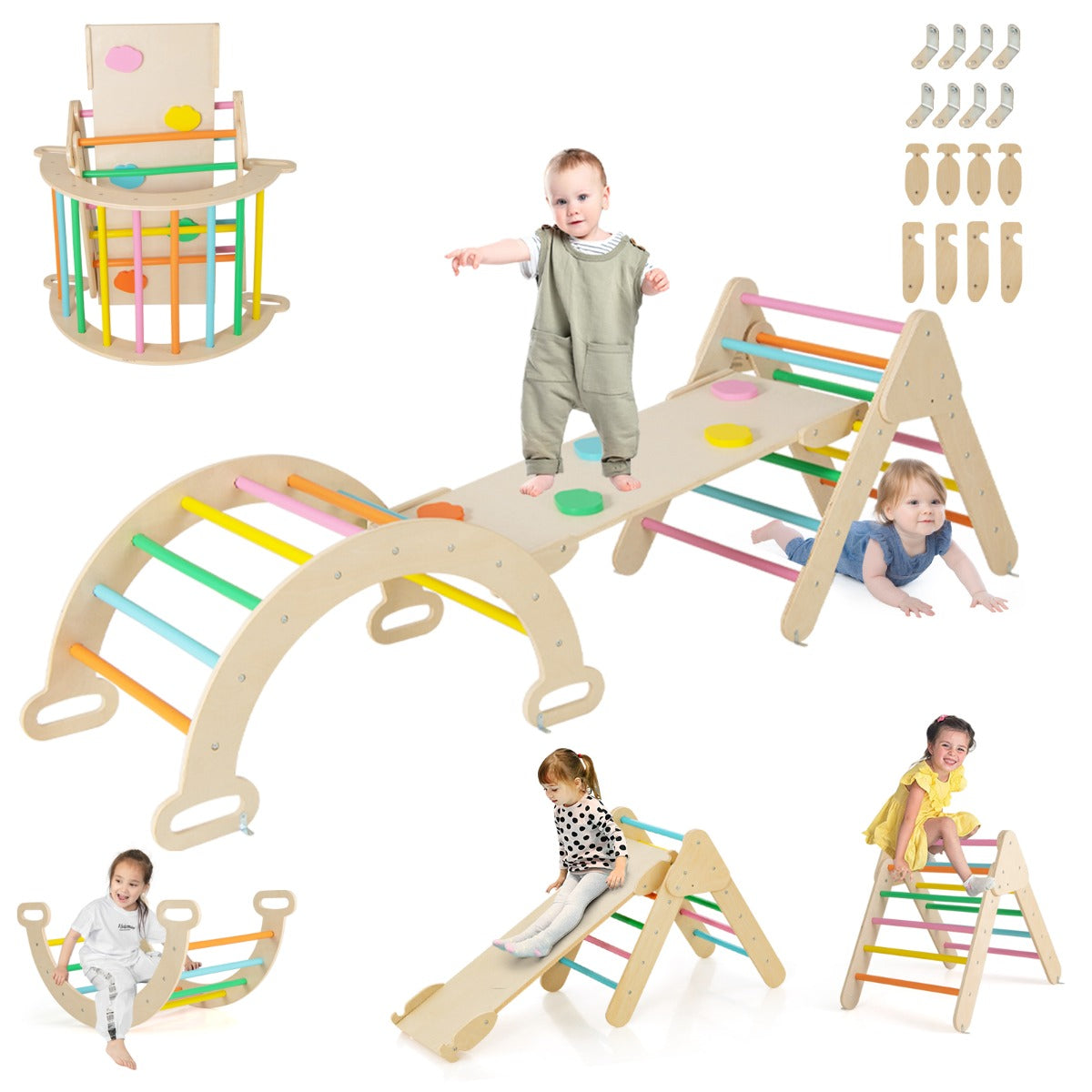 Multi-Functional Montessori Triangle Climbing Toy-Safe Wooden Playset with a child climbing and another crawling
