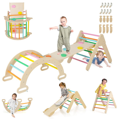 Multi-Functional Montessori Triangle Climbing Toy-Safe Wooden Playset with a child climbing and another crawling