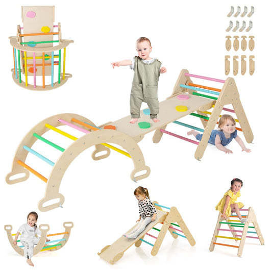 Multi-Functional Montessori Triangle Climbing Toy-Safe Wooden Playset with a child climbing and another crawling