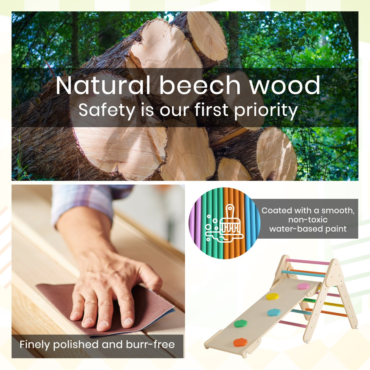 Natural beech wood climbing frame, finely polished and burr-free, coated with non-toxic paint