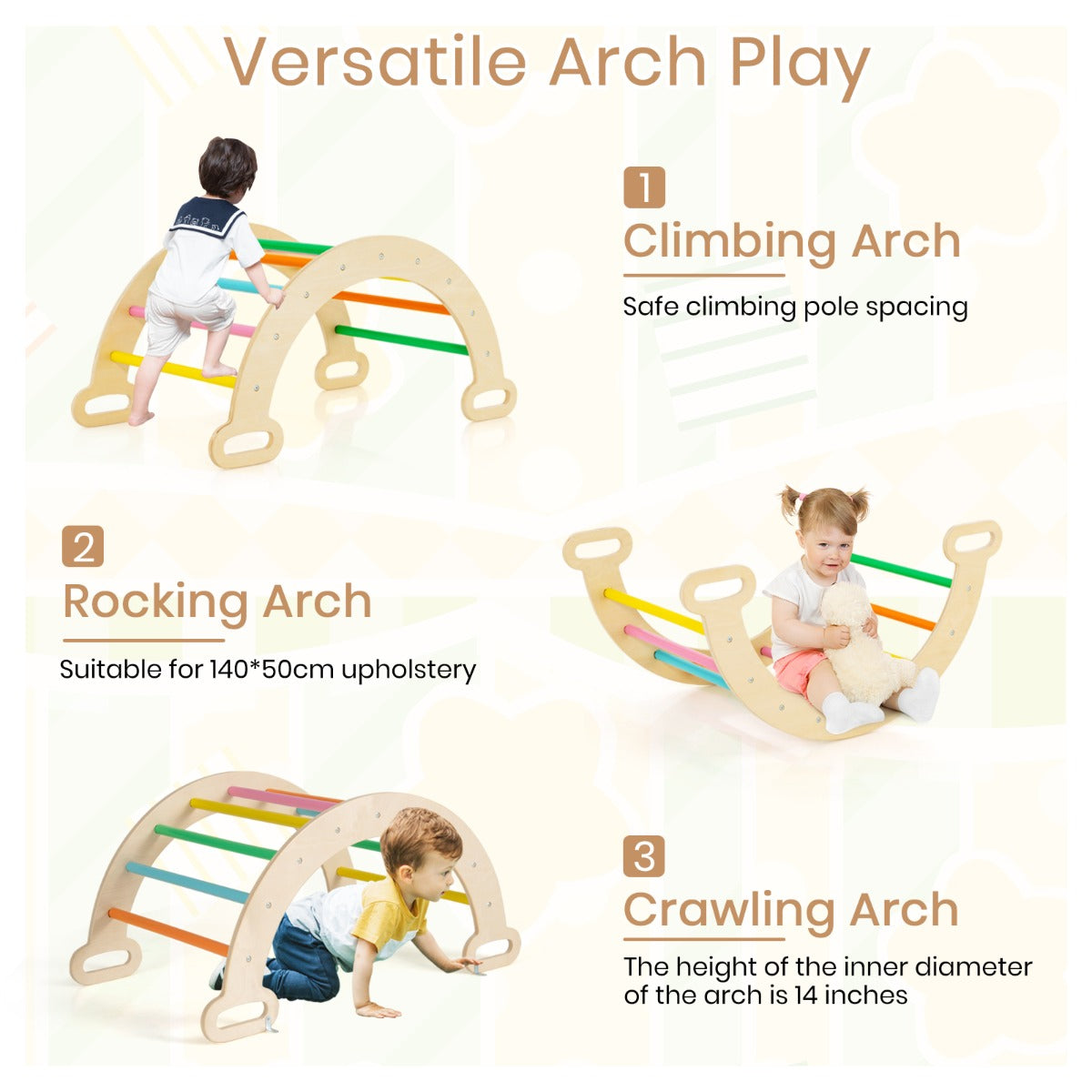 Three ways to use the wooden climbing arch: climbing, rocking, and crawling