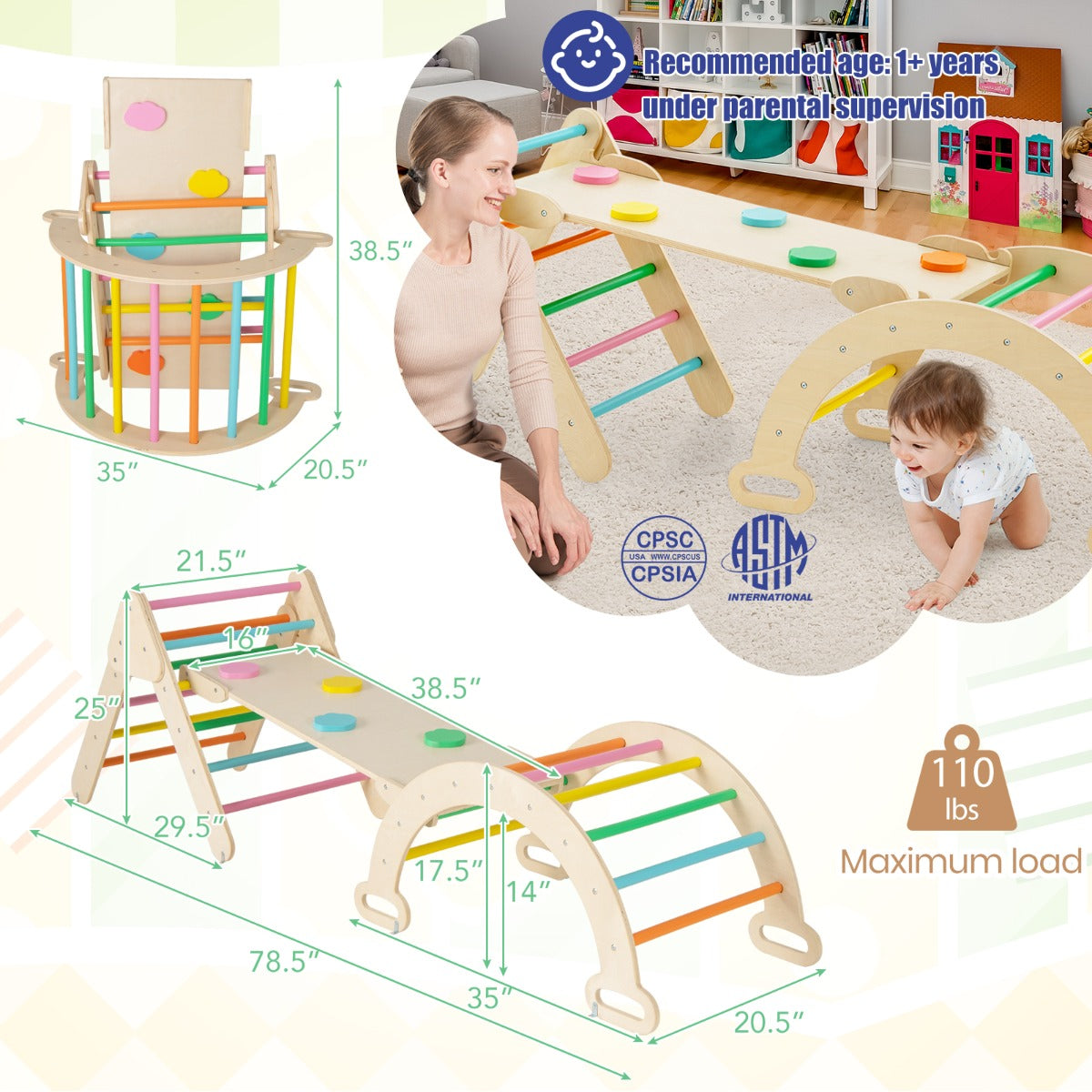 Wooden climbing frame with dimensions and safety information for toddlers