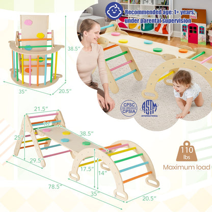 Wooden climbing frame with dimensions and safety information for toddlers