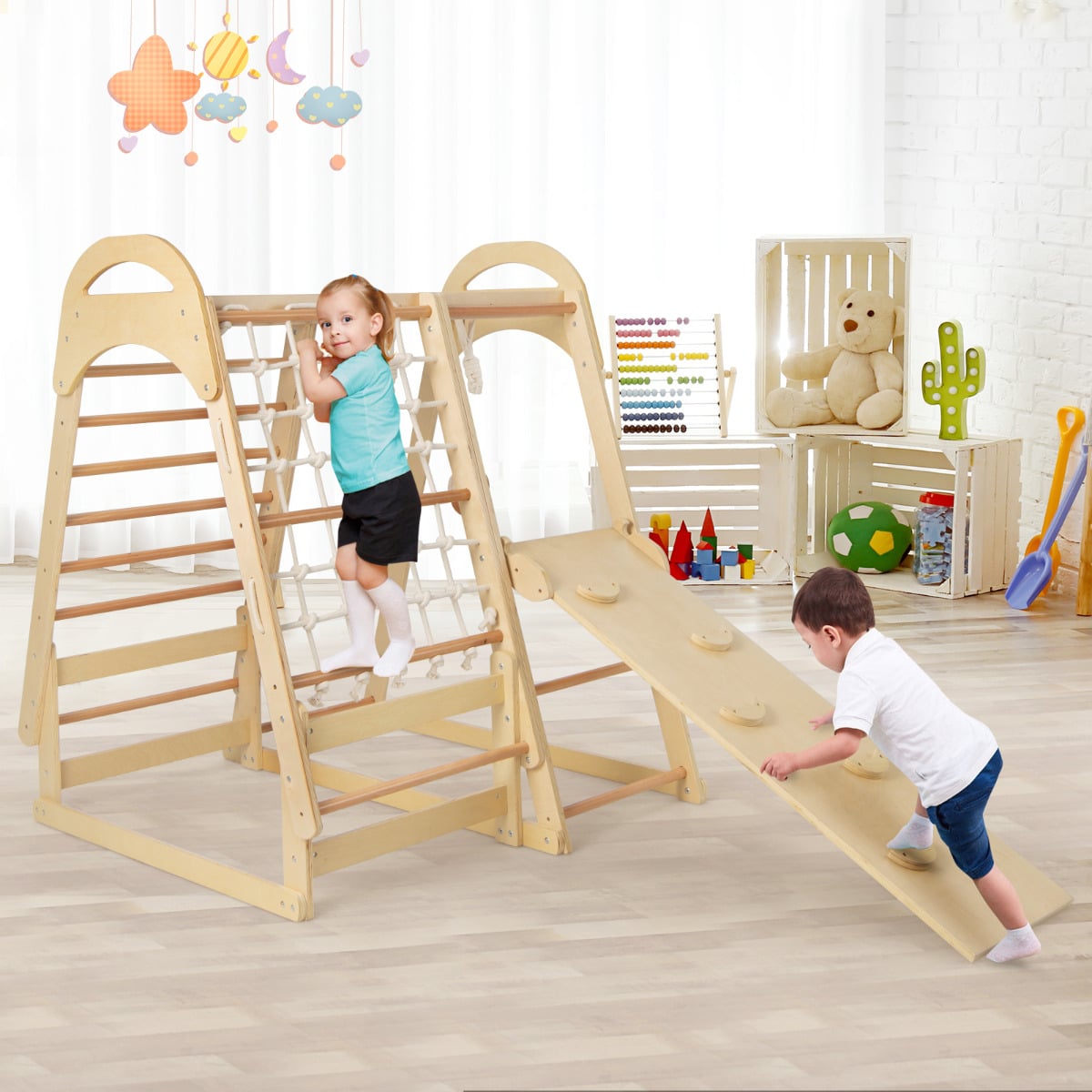 Multi-functional Kid's Climbing Toy with Slide and Climbing Net-Natural
