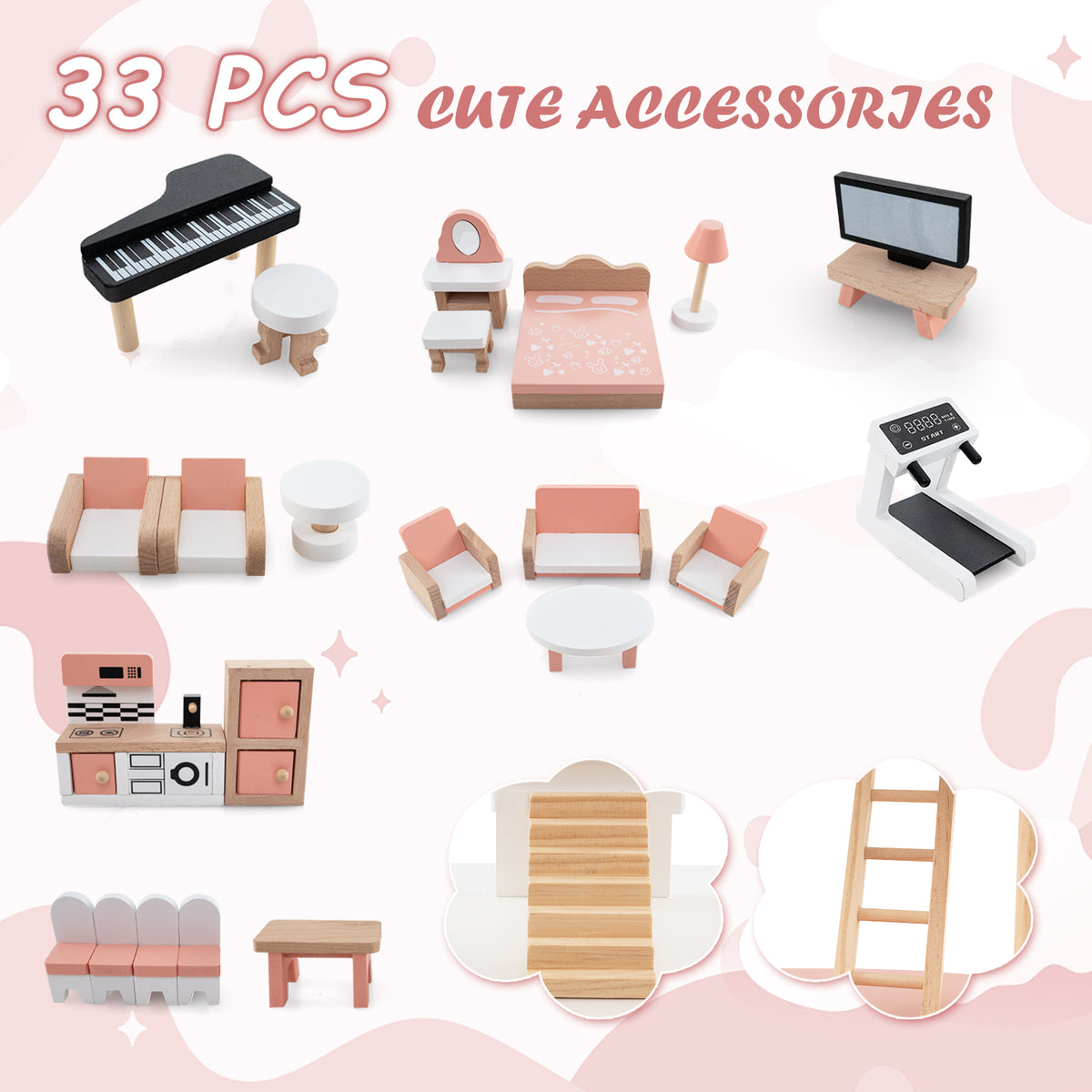 All the accessories included with the pink dollhouse playhouse