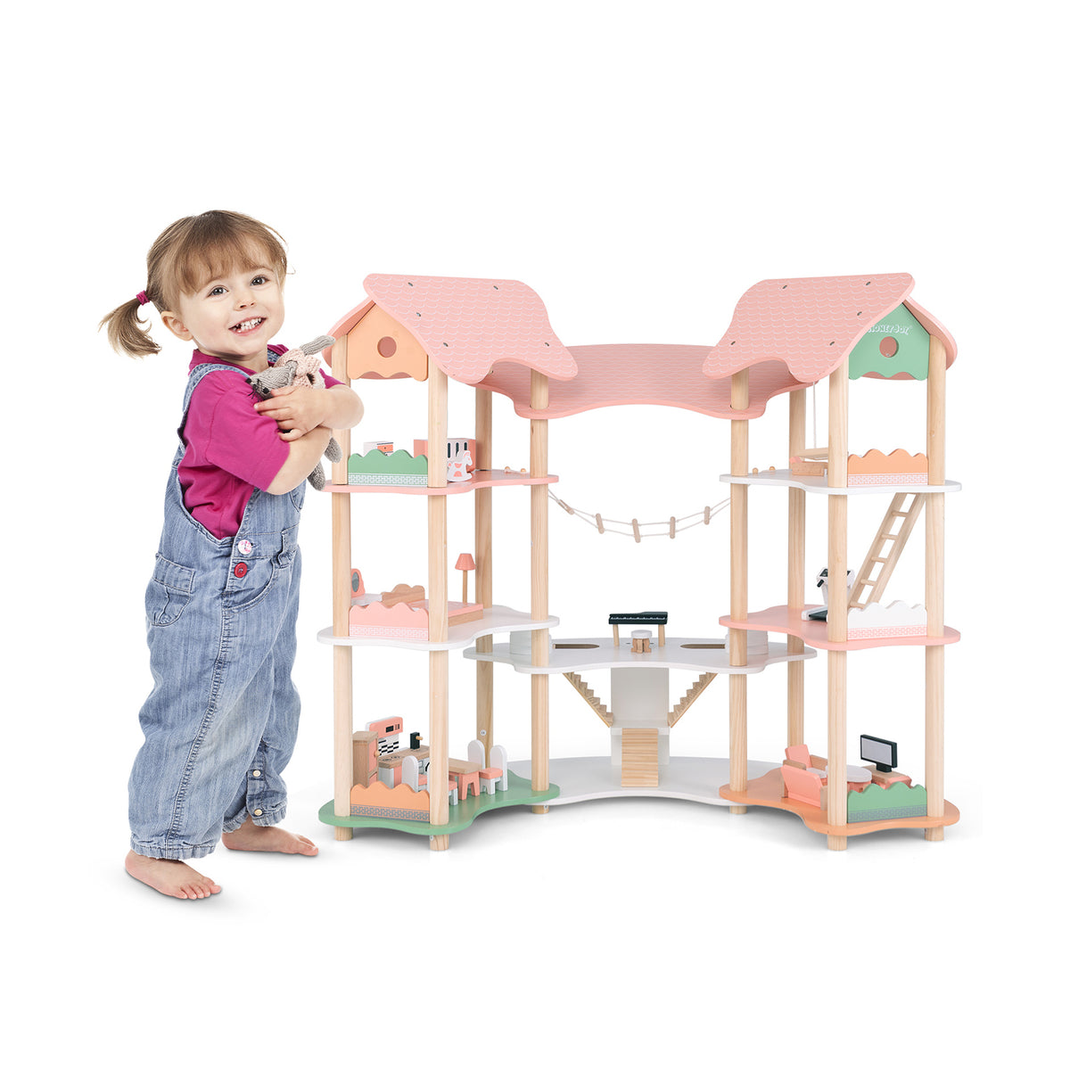 Multi-Layer Wooden Dollhouse Versatile Kids Playhouse Toy with 7-Room, a child stands next to it