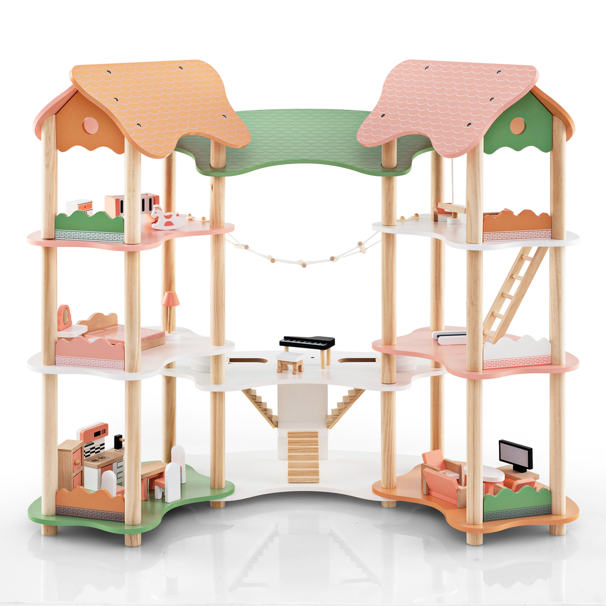 Multi-Layer Wooden Dollhouse Versatile Kids Playhouse Toy with 7-Room-Colourful on a white background