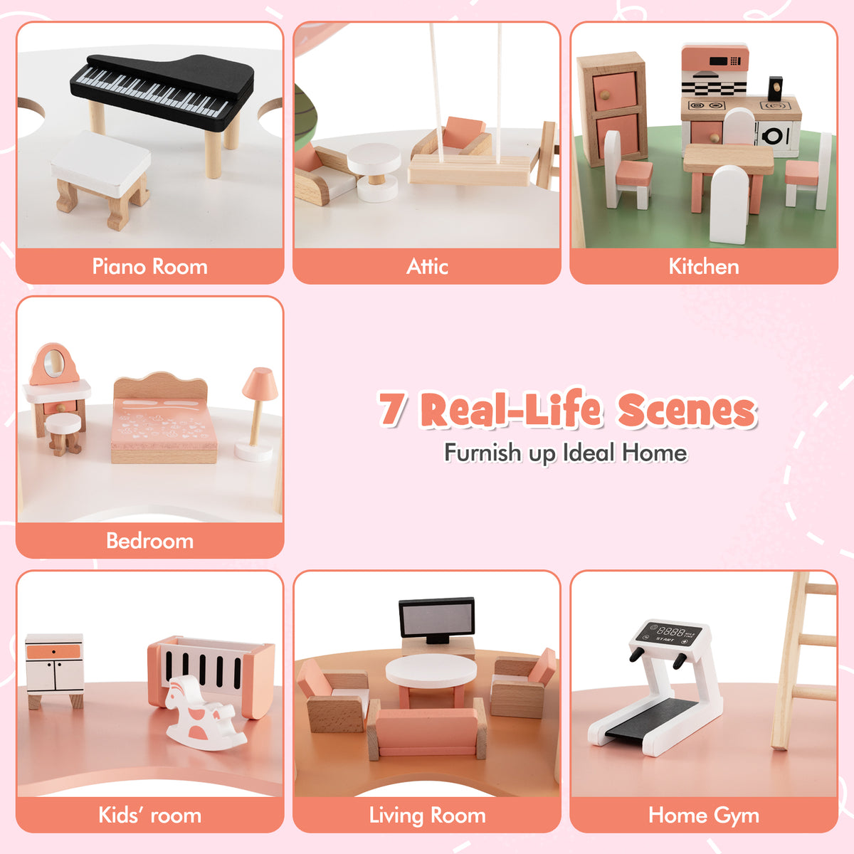 The wooden playhouse interior rooms displayed in seven separate small frames