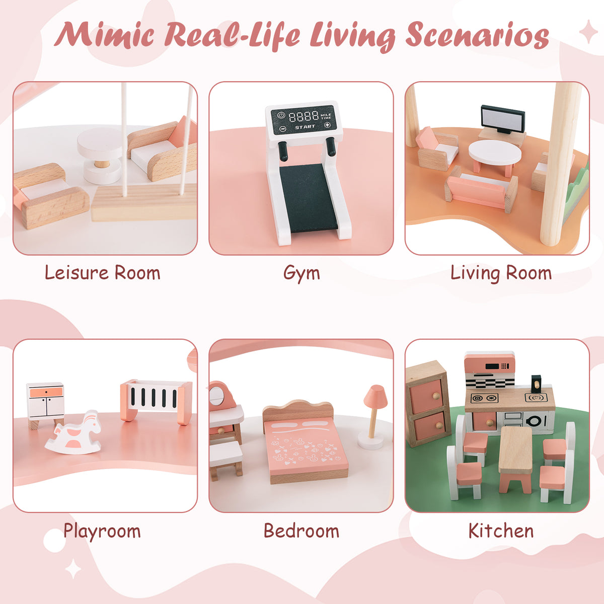 Different rooms within the dollhouse playhouse set up as living scenarios