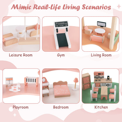 Different rooms within the dollhouse playhouse set up as living scenarios