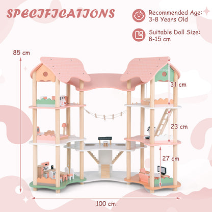 A diagram showing the dimensions of the pink dollhouse playhouse