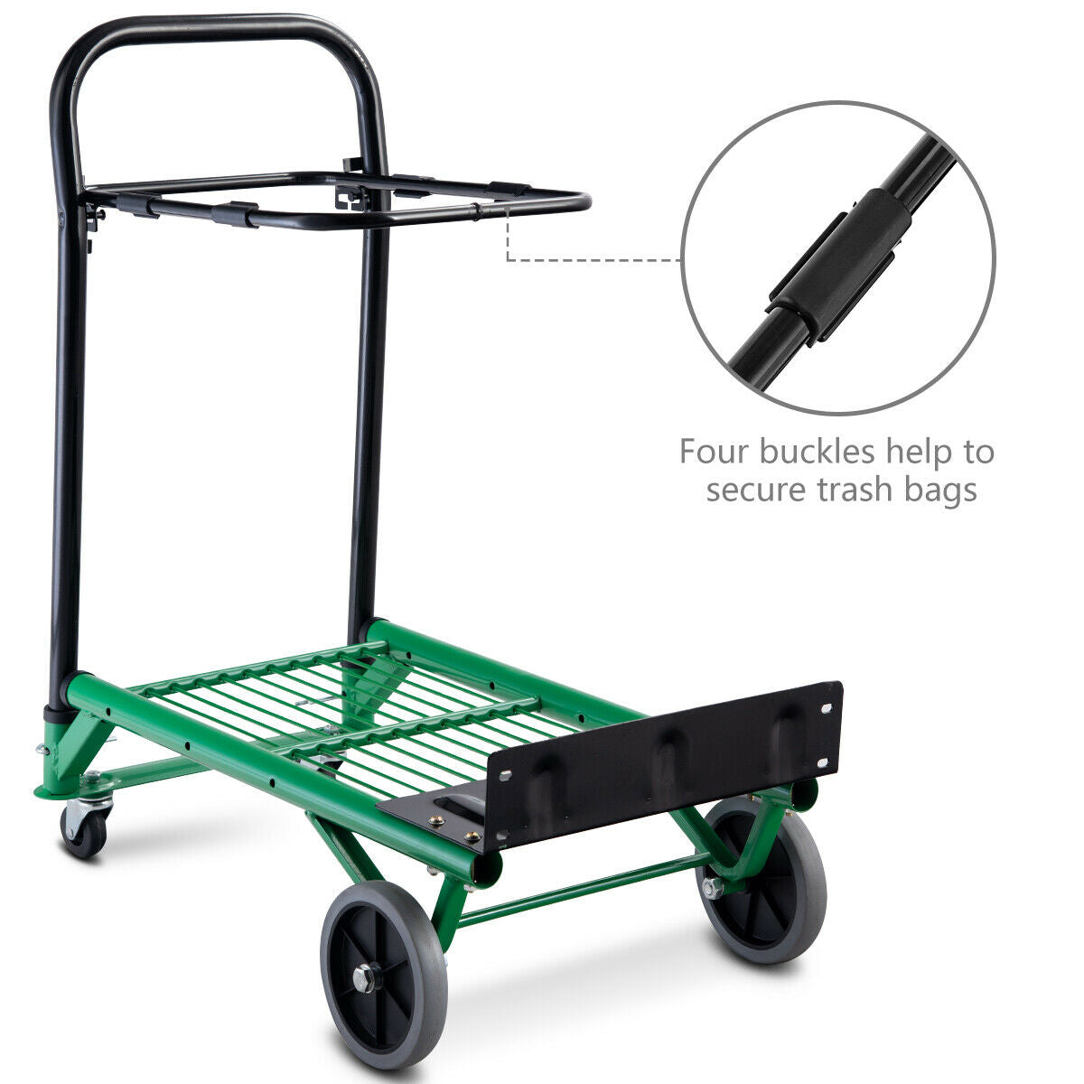 The garden trolley featuring four buckles to secure bags with a detailed inset